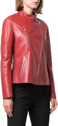 Ferragamo High Neck Leather Jacket In Red