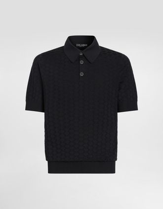 Dolce & Gabbana Micro-dot Stitch Silk Polo Shirt - Man Sweaters And Cardigans Blue 46