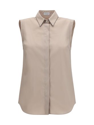 Brunello Cucinelli Womens Sleeveless Shirt Pale Oak Cotton