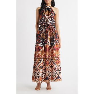 Julia Jordan Floral Print Stretch Satin Maxi Dress in Rust Multi at Nordstrom, Size 16