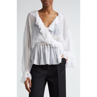 Dolce & Gabbana Ruffle Long Sleeve Silk Chiffon Top in Bianco Ottico at Nordstrom, Size 8 Us