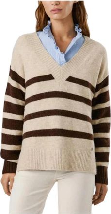 Pepe Jeans London Gestreepte V-hals Gebreide Trui - Dames - V-hals truien - Beige - XS - Truien & Vesten