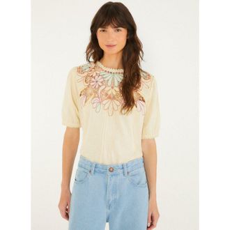 Farm Rio Farm Rio Womens Short Sleeve Blouse in Beige Flowers