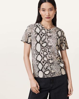 AllSaints Womens Merino Wool Anouk Snake Print Merino Wool T-Shirt, Size: XS