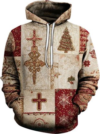 Generic Mens Christmas Jumper Vintage Patchwork Santa Religious Print Loose Fit Plus Size Hoodie Mens Sweatshirts and Hoodies