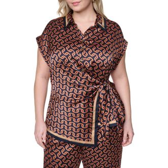 Karl Lagerfeld Tie Waist Satin Top in Midnight Navy/Sienna at Nordstrom, Size 3X