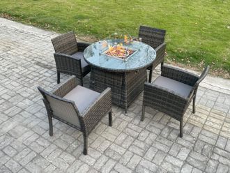 Fimous Outdoor Rattan Garden Furniture Set Gas Fire Pit Round Table Sets Gas Heater with 4 Seater Dining Chairs Dark Grey Mixed