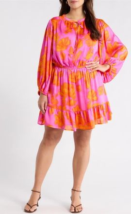 Sugarlips Pacey Floral Paxton Balloon Sleeve Minidress in Neon-Orange at Nordstrom, Size 2 X
