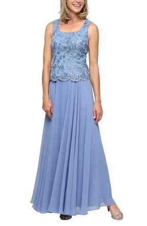 Alex Evenings Mixed Media Sleeveless Gown with Embroidered Jacket in Dusty Blue at Nordstrom, Size 16