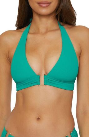 BECCA by Rebecca Virtue Modern Edge Halter Bikini Top in Peacock at Nordstrom, Size Medium