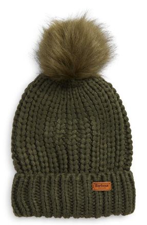 Barbour Saltburn Faux Fur Pom Beanie in Olive at Nordstrom, Size Medium