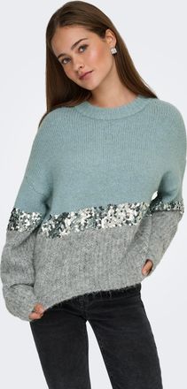 Only Rundhalspullover ONLY ONLMAINE LIFE LS SEQUIN BLOCK O-NECK KNT, Damen, Gr. XS, arona detail:sliver sequins, light grau mel, Strick, Obermaterial: 70% 