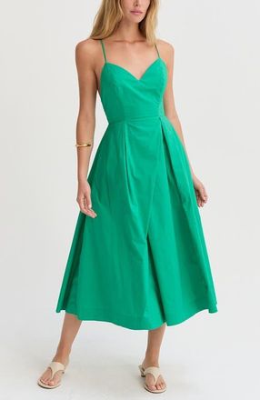 Crescent V-neck Poplin Midi Dress in Green at Nordstrom, Size X-Small
