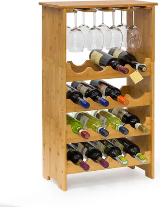 Relaxdays Relaxdays - Botellero Vino De Bamb&uacute;, 84 X 50 X 24 Cm, Estante 16 Botellas Y 12 Copas, 3 Niveles, Apilable, Marr&oacute;n Natural