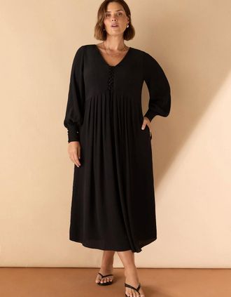 Live Unlimited London Womens Black Lace Up Blouson Sleeve Midi Dress - Size: 20