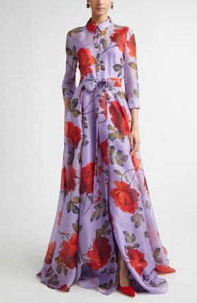 Carolina Herrera Rose Print Silk Organza Trench Gown in Violeta Multi at Nordstrom, Size 8