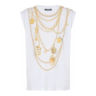 Balmain Sleeveless Tops, female, White, Size: XS Trope-loeil-style Collier print vest top