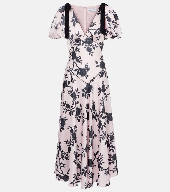 Floral bow-detail satin midi dress