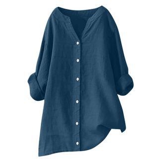 Generic Long Sleeve Tops Womens Dressy Casual Blouses Summer Cotton Linen Shirts Roll Up Sleeve Button V Neck Blouses Oversized Loose Tees Shirts Baggy Comfy 