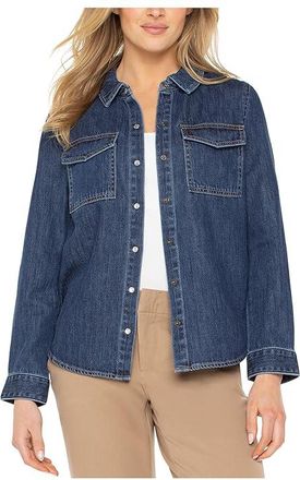Liverpool L.A. Denim Button Down Long Sleeve Shirt With Pockets Womens Clothing North Shore : LG, Cotton/Rayon