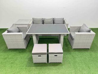 Fimous Patio Garden Furniture Sets with Dining Table Side Table 2 Small Stool in Light Grey
