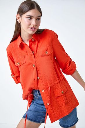Roman 3/4 Sleeve Textured Tie Waist Shirt Jacket