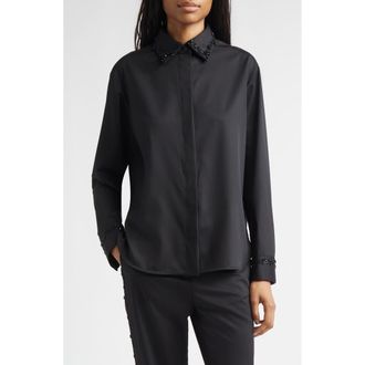 Golden Goose Journey Floral Beaded Virgin Wool Twill Button-Up Shirt in Black at Nordstrom, Size Xx-Small