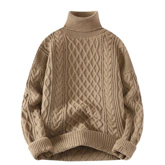 Generic Polo Neck Jumpers for Women Cable Knit Long Sleeve Ladies Jumpers Casual Winter Warm Plain Knitted Sweater(Khaki, M)