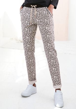 Lascana Loungepants LASCANA, Damen, Gr. 32/34, N-Gr, beige (beige, schwarz), Sweatware, Obermaterial: 60% Baumwolle, 40% Polyester, bedruckt, gemustert, beque