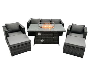 Fimous Rattan Garden Furniture Firepit Dining Set 7 Seater Lounge Sofa Table Set with 2 big Footstool in Dark Grey