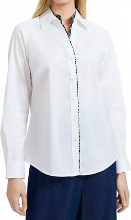 Foxcroft Leopard Trim Long Sleeve Shirt In White/ Marlee Green