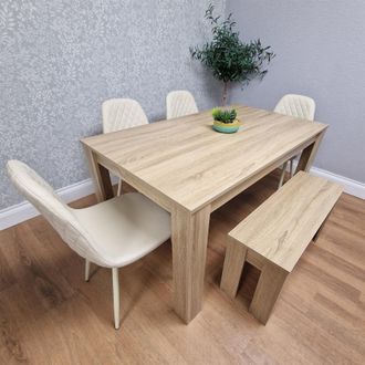Kosy Koala Modern Oak Effect Dining Table Set With 4 Cream Plastic Chairs & Bench Dining Room Furniture in Brown