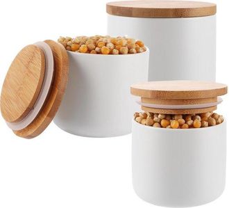 OEM Tarros De Cer&aacute;mica Con Tapa - Juego De 3 - 260 Ml - Azucarero Con Tapa - Blanco - Salero - Sal - Az&uacute;car - Caf&eacute; - T&eacute; - Especias Salero