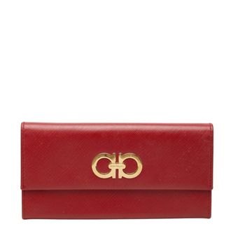 Ferragamo Gancini Red Color Leather Long Wallet (Bi-Fold) (Pre-Owned)