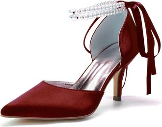 Generic Wedding Bridal Shoes Womens Heels Bridal Stiletto Heel Satin Pointed Toe Prom Party Dress Stiletto Heel Wedding Shoes 8Cm,Wine red,10 UK