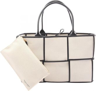 Bottega Veneta Black White Canvas Leather Pouch Tote Bag (Pre-Owned)