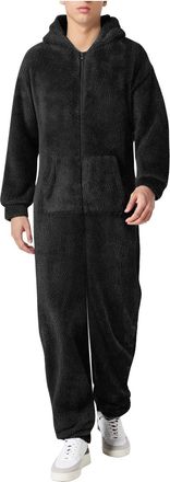 Generic Mens Pyjamas Fleece Zipper Hooded Jumpsuit Pyjamas Winter Warm Long Sleeve Casual Nightwear Unisex Soft Comfort Loungewear Black