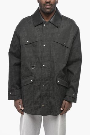 Fendi Padded Utility Jacket with All-Over Monogram and Leather Collar Fendi