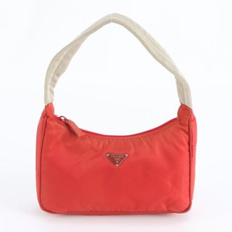 Prada Beige Red Color Nylon Handbag Tote Bag (Pre-Owned)