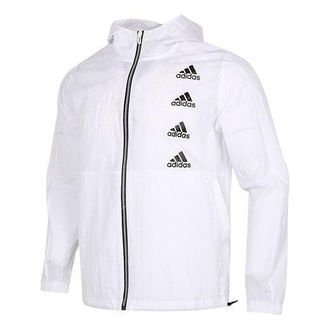 adidas Logo Print Woven Hooded Jacket Mens White GK9419