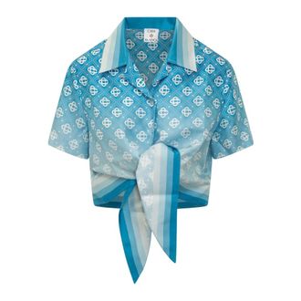 Casablanca Shirts, female, Blue, Size: XS Knotted Cropped Silk Shirt