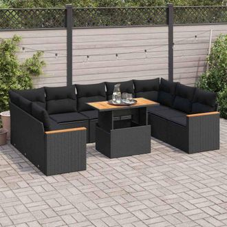 vidaXL Set Sof&aacute;s Jard&iacute;n Y Cojines 10 Pzas Rat&aacute;n Sint&eacute;tico Acacia Negro Vidaxl