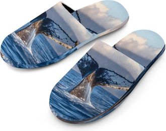 Generic Humpback Whale Tail Mens Flannel Slipper Soft Comfy House Shoes Non Slip Winter Warm Indoor Outdoor Slippers