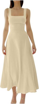 Generic Beige Women V Neck Formal Date Night Gowns Evening Dressy Dresses Homecoming Dresses for Women Slip Slimming Tunics Plain Maxi Long Fall Summer Dresse