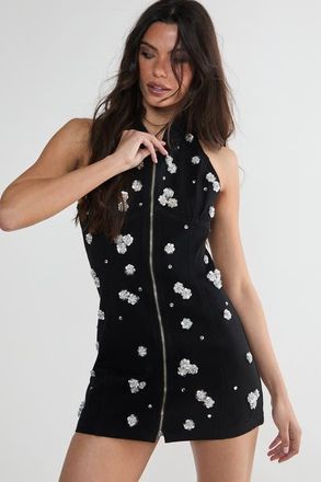 NASTY GAL Embellished Applique Mini Dress in Washed Black at Nordstrom, Size 14