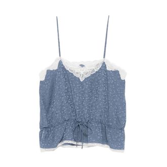 Chlo&eacute; Tops, Dames, Blauw, S, Katoen, Zijden jacquard & kanten camisole top met trekkoord