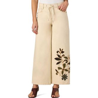 Wit & Wisdom 27/24 Flower Appliqu&eacute; High Waist Wide Leg Jeans in Heathered Birch/Caramel at Nordstrom, Size 14P