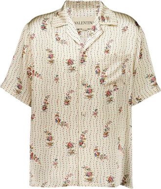 Valentino Garavani Zijden Bowling Shirt Met Papier Bloemenprint - Heren - Korte mouwen Overhemden - Beige - XL - Overhemden