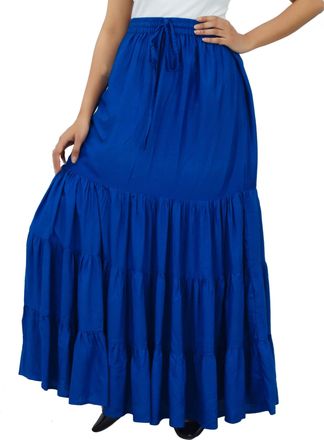 Bimba Boho Long Flaired Maxi Tier Skirt Elastic Waist Rayon Bohemian Skirts Royal Blue