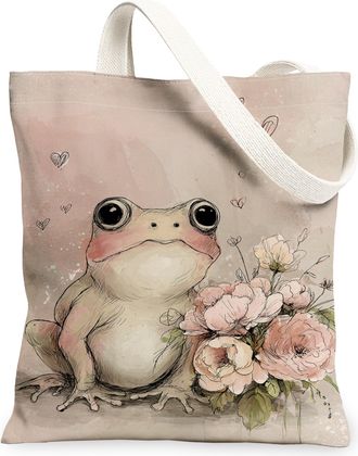 Generic Floral Amphibian Canvas Tote Bags, Artistic Flower Design Reusable Grocery Bags, Vintage Spring Lightweight Washable Should, Peach, 13x15 Inch